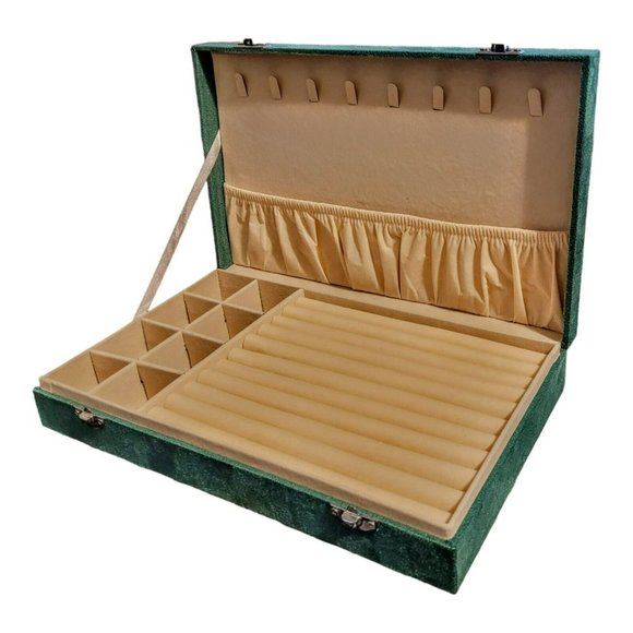 Green Jewelry Box Velvet w/Anti-Tarnish Lining & Latch 11.4x7.3x2" Travel Gift - Picture 4 of 10